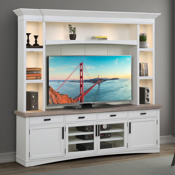Parker House Furniture Americana Modern AME#92-4-COT Cotton 92 In. TV Console with Hutch Back Panel and LED Lights IMAGE 1