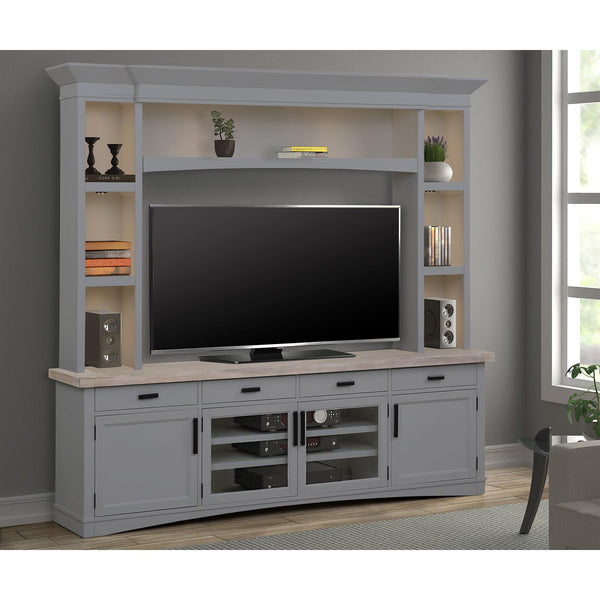 Parker House Furniture Americana Modern AME#92-3-DOV Dove 92 In. TV Console with Hutch and LED Lights IMAGE 1