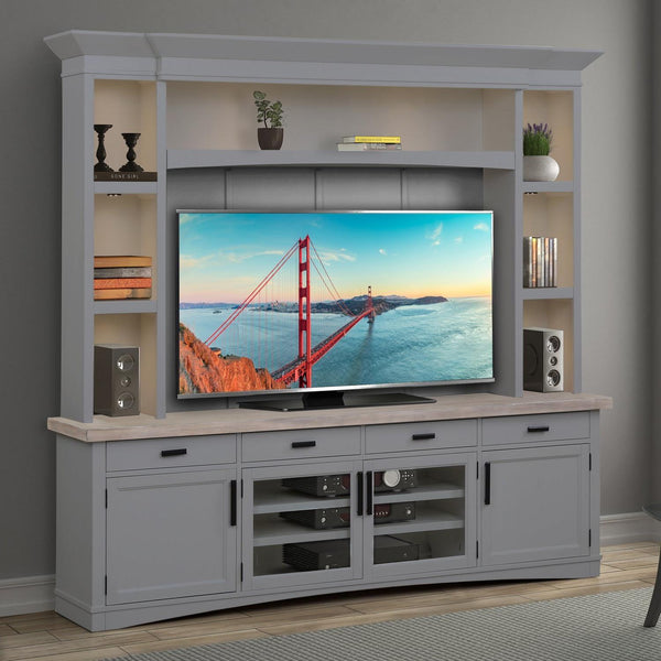 Parker House Furniture Americana Modern AME#92-4-DOV Dove 92 In. TV Console with Hutch Back Panel and LED Lights IMAGE 1